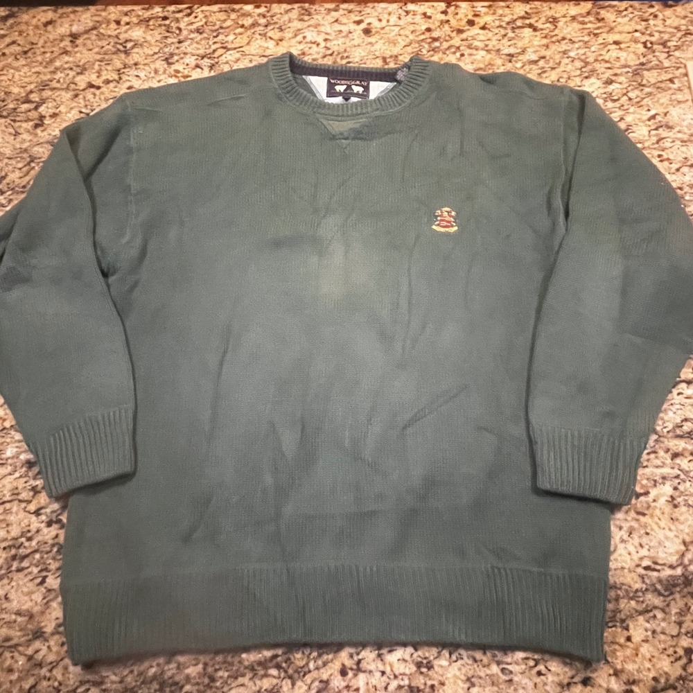 Woods & Gray Mens Green 100% Cotton Crewneck Sweater Embroidered Crest Size L
